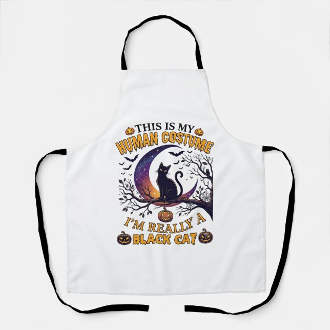Is Human Costume Black Cat Halloween Moon_1 Apron (Front)