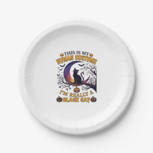 Is Human Costume Black Cat Halloween Moon_1 Paper Plate