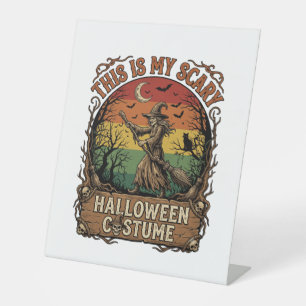 Is Scary Halloween Costume Witch Broom Cat Pedestal Sign