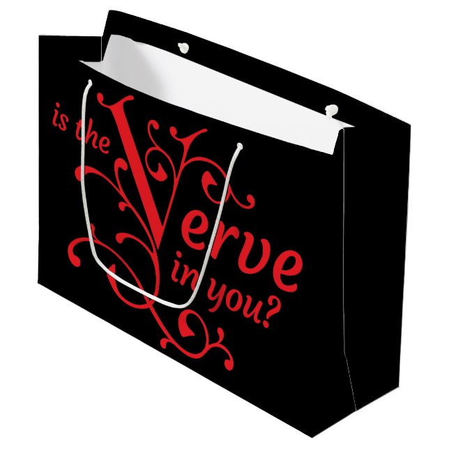 Is the Verve in You? Black & Red. Patterned Back Large Gift Bag (Front Angled)