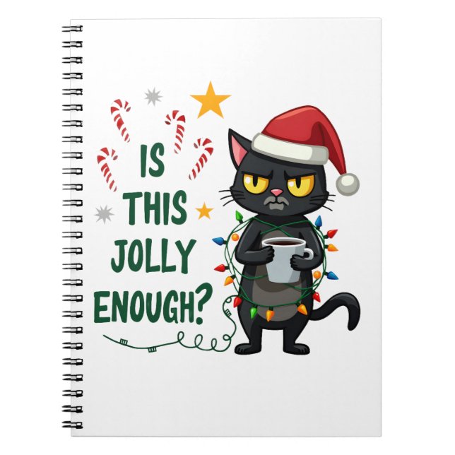 Is This Jolly Enough Black Cat Merry Christmas Tre Notebook (Front)