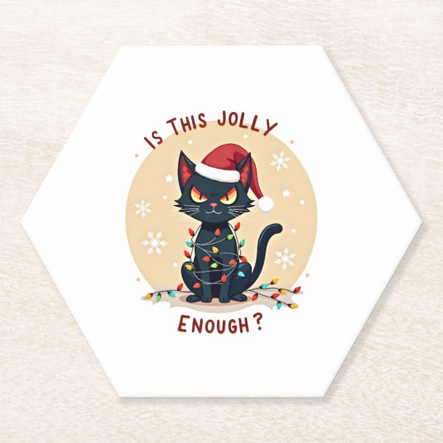 Is This Jolly Enough Funny Black Cat Christmas Tre Paper Coaster (Front)
