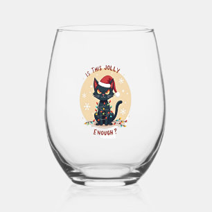 Is This Jolly Enough Funny Black Cat Christmas Tre Stemless Wine Glass