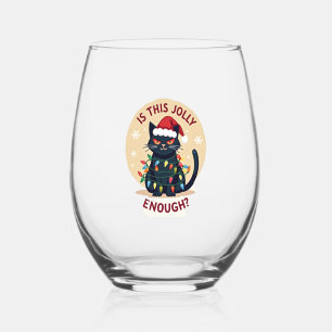 Is This Jolly Enough Funny Black Cat Christmas Tre Stemless Wine Glass