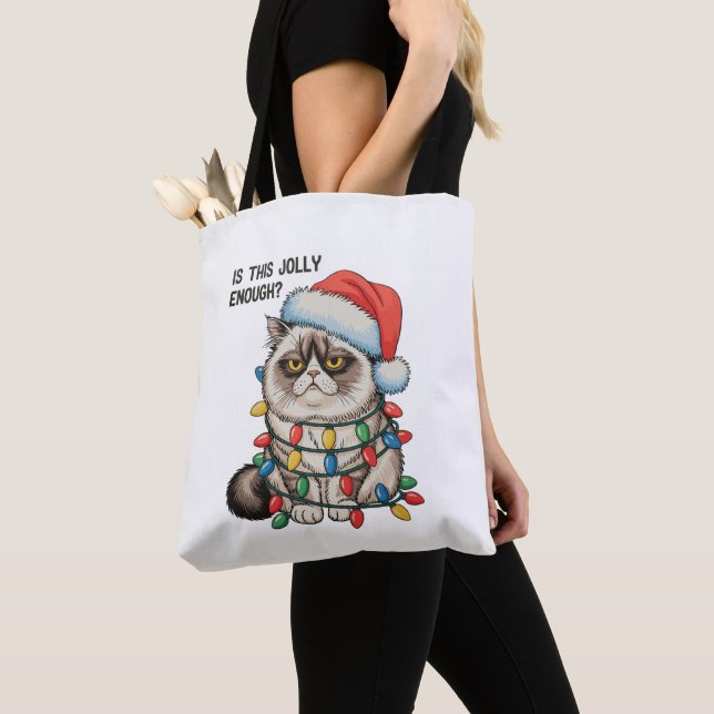 Is This Jolly Enough Grumpy Cat Christmas Lights Tote Bag (Close Up)