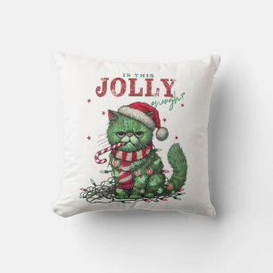 Is This Jolly Enough? Grumpy Holiday Cat Green Cushion