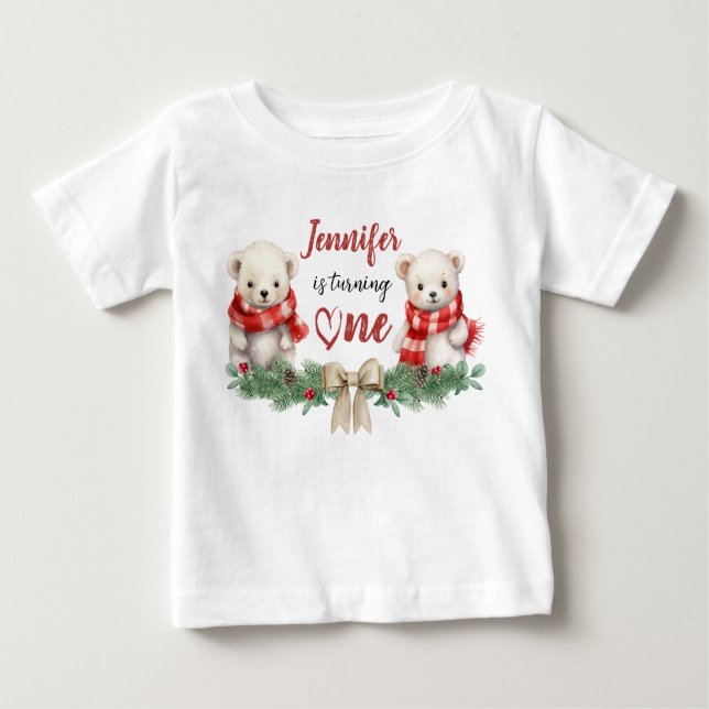 Is Turning One | Bear Christmas 1st Birthday Baby T-Shirt (Front)