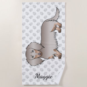 Isabella And Tan Long Hair Dachshund Dog & Name Beach Towel