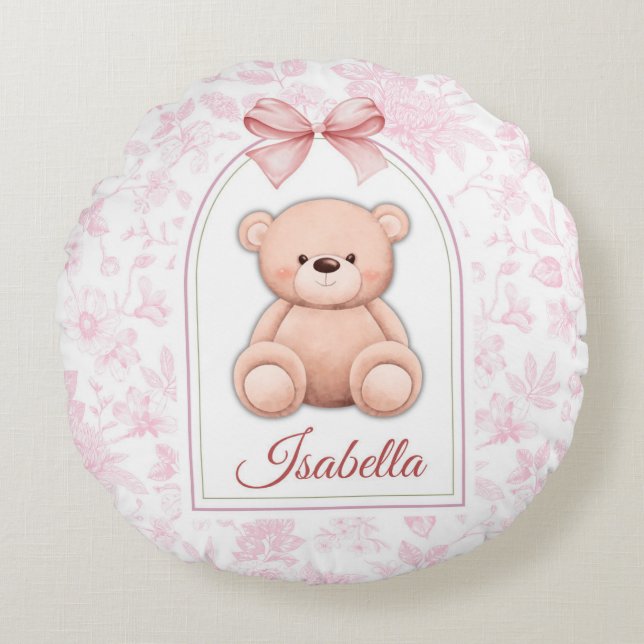 Isabella | Custom Pink Teddy Bear Nursery Design  Round Cushion (Front)