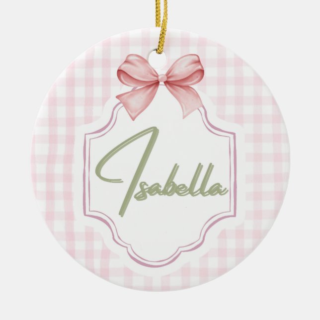 Isabella Personalized Pink Bow & Gingham Print  Ceramic Tree Decoration (Front)