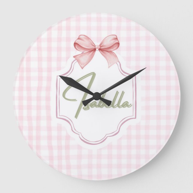 Isabella Personalized Pink Bow & Gingham Print  Large Clock (Front)