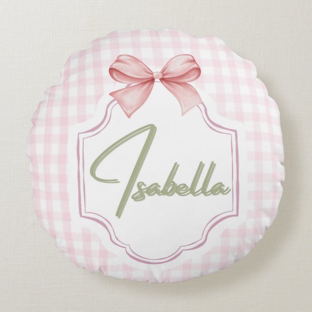 Isabella Personalized Pink Bow & Gingham Print  Round Cushion (Front)
