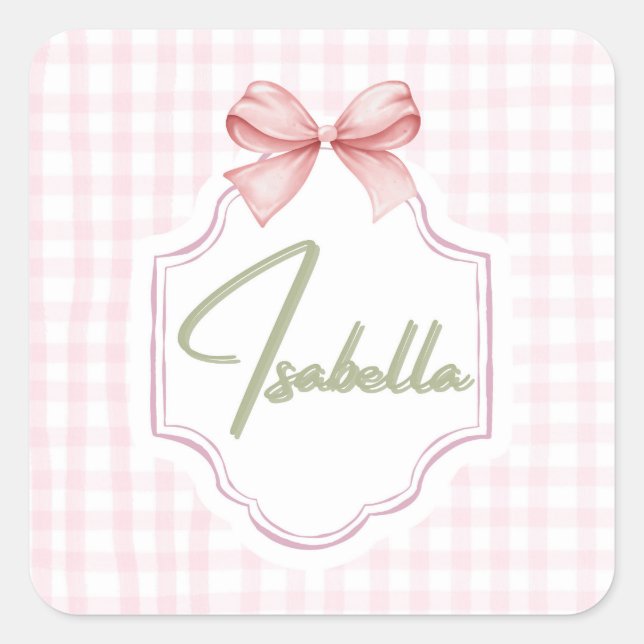 Isabella Personalized Pink Bow & Gingham Print  Square Sticker (Front)