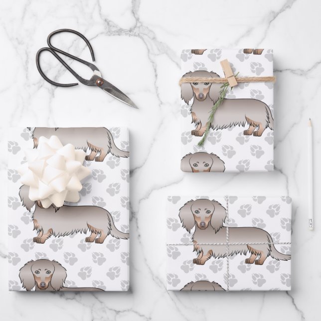 Isabella & Tan Long Hair Dachshund Pattern & Paws Wrapping Paper Sheet (Front)