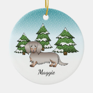 Isabella & Tan Long Hair Dachshund Winter Forest Ceramic Tree Decoration