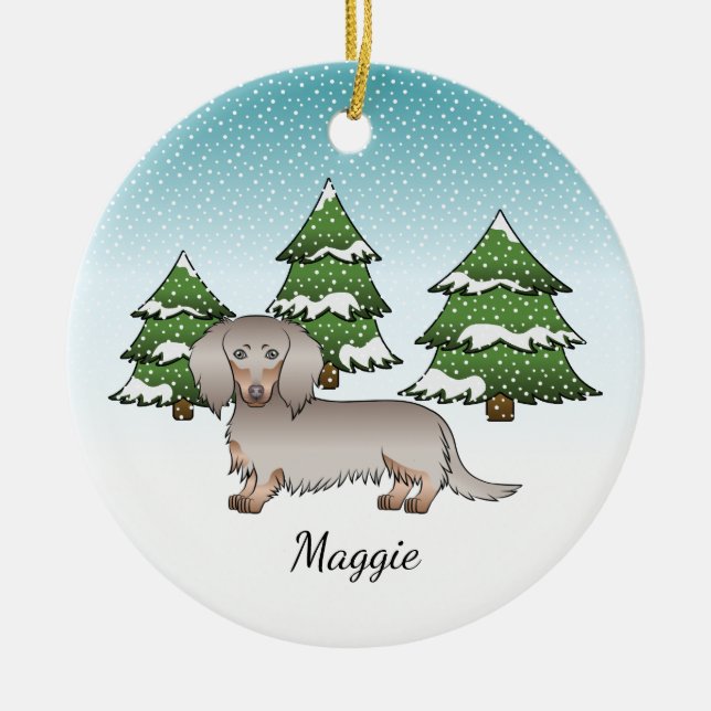 Isabella & Tan Long Hair Dachshund Winter Forest Ceramic Tree Decoration (Front)