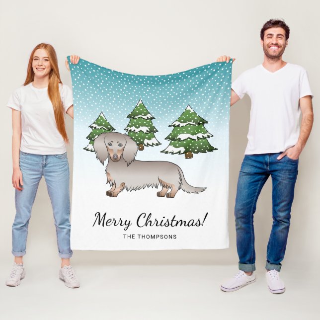 Isabella & Tan Long Hair Dachshund Winter Forest Fleece Blanket (In Situ)