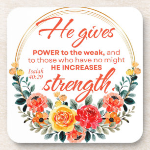 Isaiah 40:29 He gives power Red Floral Scripture Coaster