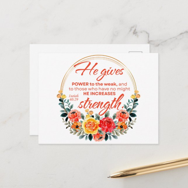 Isaiah 40:29 He gives power Red Floral Scripture Postcard (Front/Back In Situ)