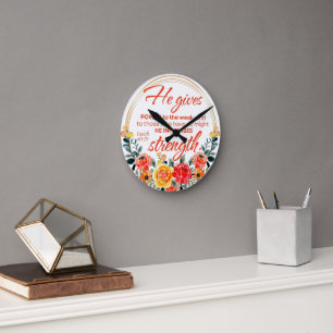 Isaiah 40:29 He gives power Red Floral Scripture Round Clock