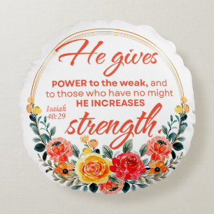 Isaiah 40:29 He gives power Red Floral Scripture Round Cushion