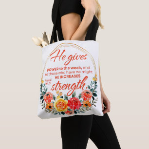 Isaiah 40:29 He gives power Red Floral Scripture Tote Bag