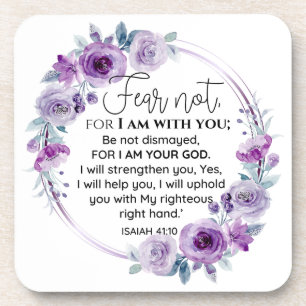Isaiah 41:10 Fear not Purple Floral Scripture Coaster