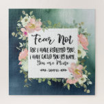 Isaiah 43:1 Fear Not For I Have Redeemed You Bible Jigsaw Puzzle<br><div class="desc">Jigsaw puzzle with inspirational quote scripture depicts a beautiful floral watercolor frame with pink and white flowers and greenery on a green abstract background. It features an encouraging Bible Verse Isaiah 43:1,  "Fear not,  for I have redeemed you; I have called you by name,  you are mine."</div>