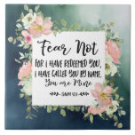 Isaiah 43:1 Fear Not For I Have Redeemed You Bible Tile<br><div class="desc">Ceramic tile with inspirational quote scripture depicts a beautiful floral watercolor frame with pink and white flowers and greenery on a green abstract background. It features an encouraging Bible Verse Isaiah 43:1,  "Fear not,  for I have redeemed you; I have called you by name,  you are mine."</div>