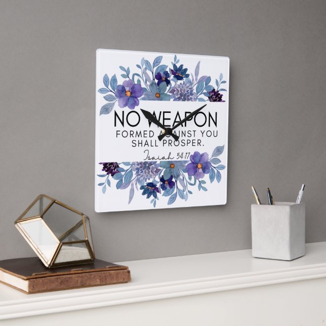 Isaiah 54:17 No Weapon Christian Floral Square Wall Clock (Office)