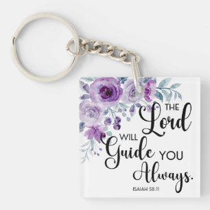 Isaiah 58:11 Purple Floral Christian Bible Verse Key Ring