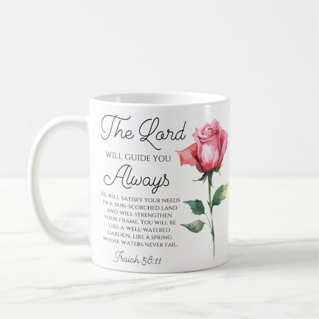 Isaiah 58:11 Single Rose Bible Scripture Coffee Mug (Left)
