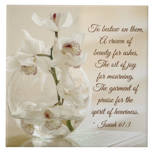 Isaiah 61:3 Beauty for Ashes, Bible Verse, Orchid Tile (Front)