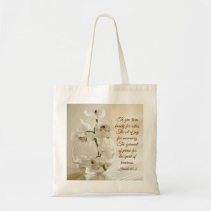 Isaiah 61:3 Beauty for Ashes, Bible Verse, Orchid Tote Bag