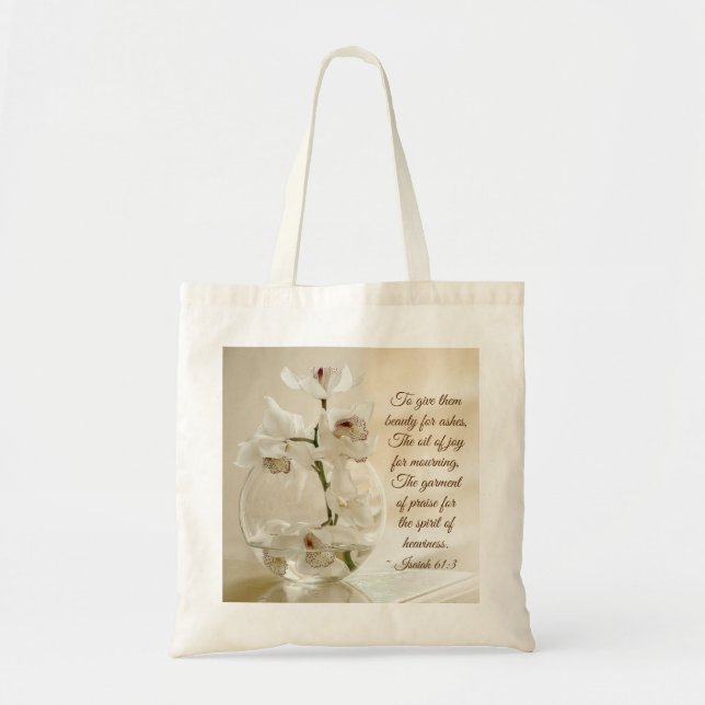 Isaiah 61:3 Beauty for Ashes, Bible Verse, Orchid Tote Bag (Front)