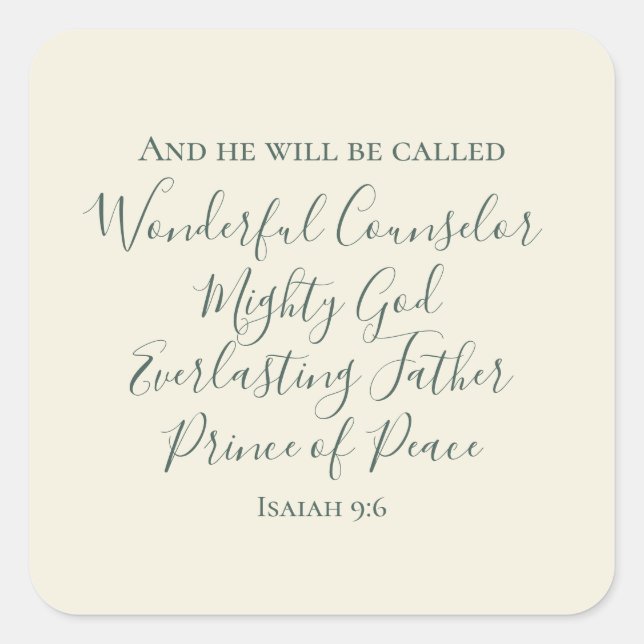 Isaiah 9:6 Elegant Sage Green Christian Christmas  Square Sticker (Front)