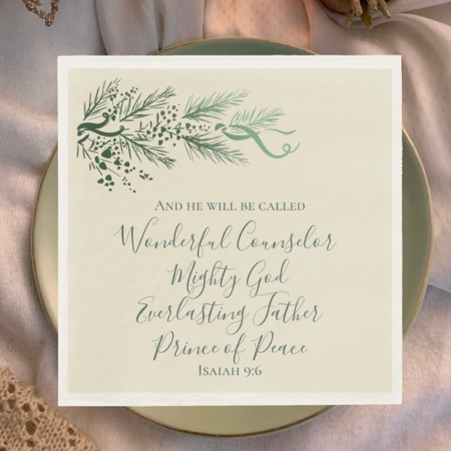 Isaiah 9:6 Elegant Unique Greenery Pine Christmas  Napkin (Isaiah 9:6 Christian scripture unique sage elegant script with pine greenery Christmas dinner napkin)