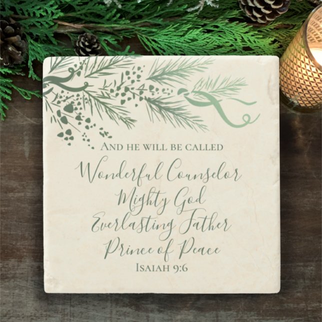 Isaiah 9:6 Hand drawn Modern Pine Christmas Gift Stone Coaster (Isaiah 9:6 elegant hand drawn pine Christian Christmas gift decor. Custom faith stone coaster.
)