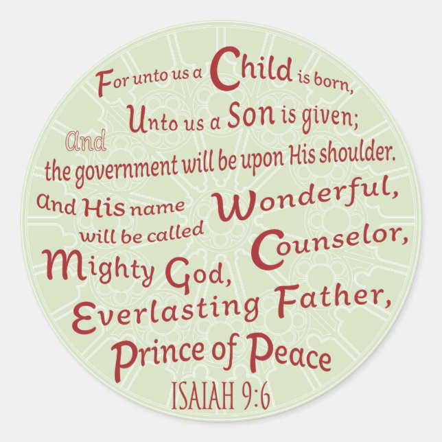 Isaiah 9:6 in Christmas Colours Classic Round Sticker (Front)