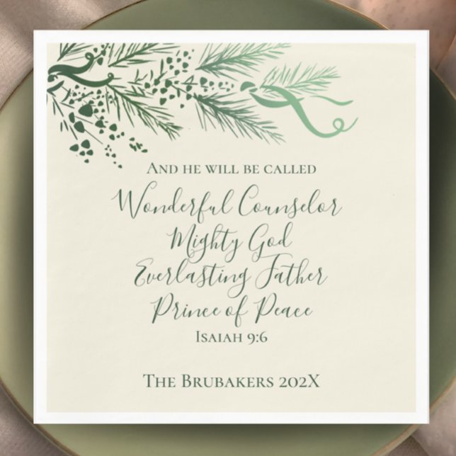 Isaiah 9:6 Personalised Sage Pine Christmas Napkin (Isaiah 9:6 Christmas dinner napkin. Personalize with name. Hand drawn pine modern elegant scripture.)