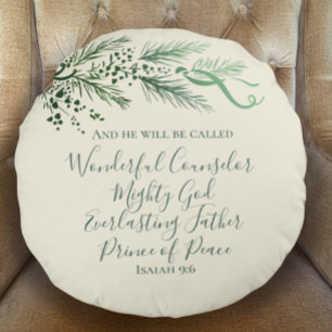 Isaiah 9:6 Personalized Modern Pine Christmas Gift Round Cushion