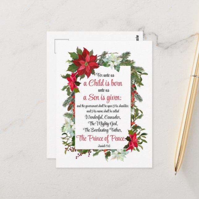 Isaiah 9:6 Prince of Peace Christmas Poinsettia Postcard (Front/Back In Situ)