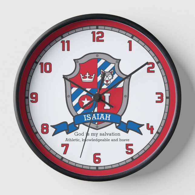 Isaiah boys name meaning letter I dog crest Clock (Front)