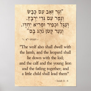 Isaiah's Wolf and Lamb Prophecy  Hebrew - English Poster
