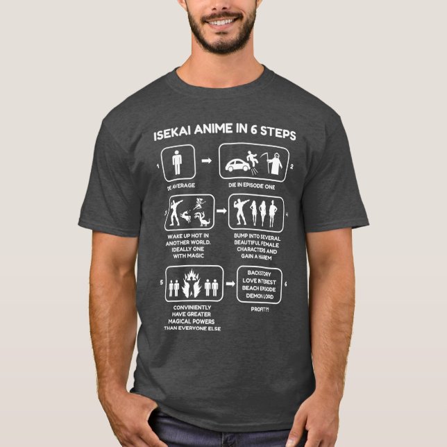 Isekai Anime In Si Steps Funny Isekai Anime Novelt T-Shirt (Front)