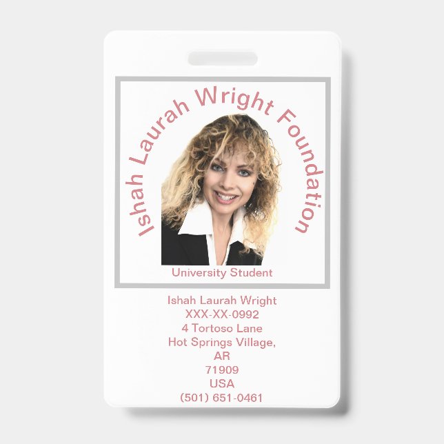 Ishah Laurah Wright Foundation University ID Badge (Front)