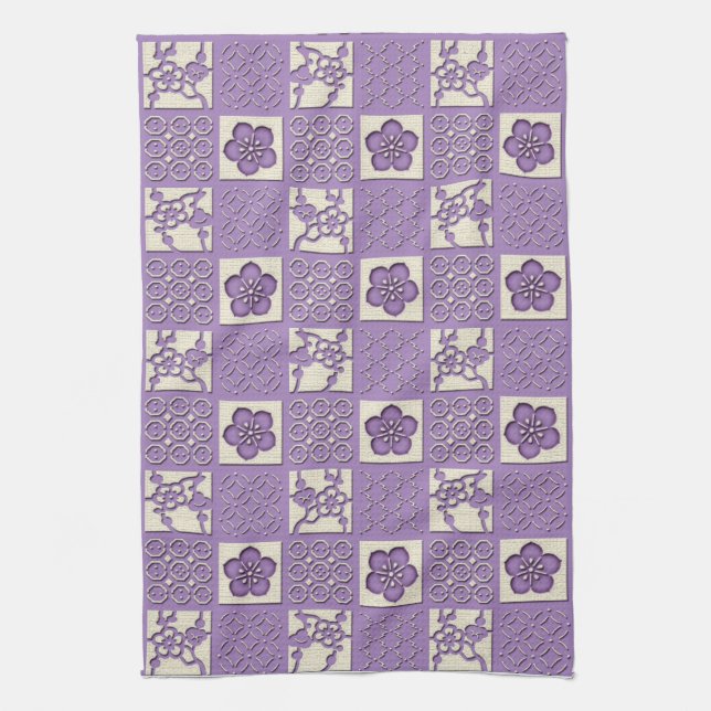 Ishidatami japanese checked pattern plum flowers tea towel (Vertical)