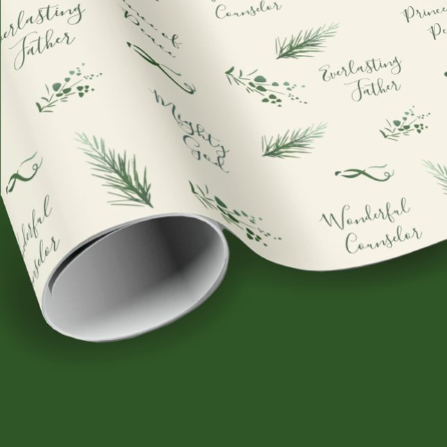 Isiah 9:6 | Hand Drawn Pine Sage Custom Christmas Wrapping Paper (Isaiah 9:6 scripture verse in modern elegant sage script. Hand drawn pine bows and berries Christmas)