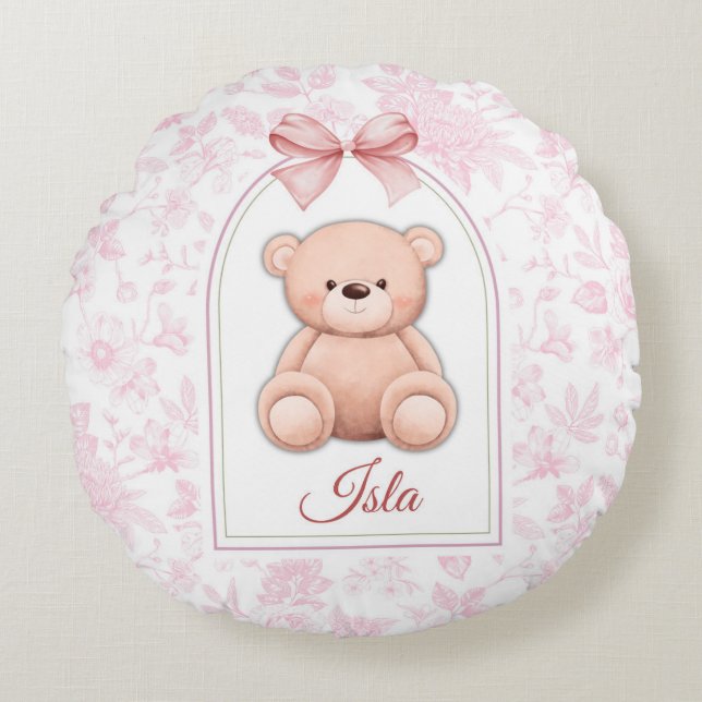 Isla | Custom Pink Teddy Bear Nursery Design  Round Cushion (Front)