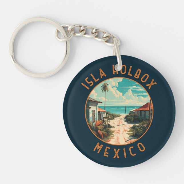Isla Holbox Mexico Travel Art Vintage Key Ring (Front)